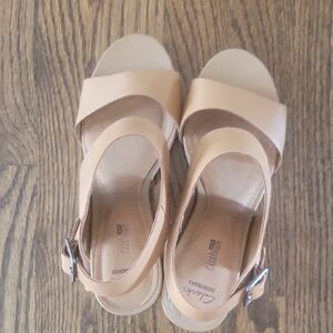 Clarks Tan Wedge Sandals with Crisscross Straps